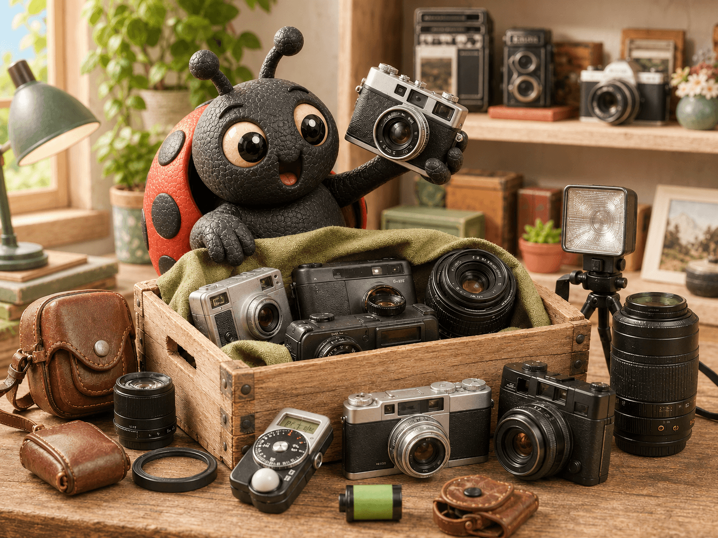 Shutterbug mascot showing a fresh crate of vintage camera finds