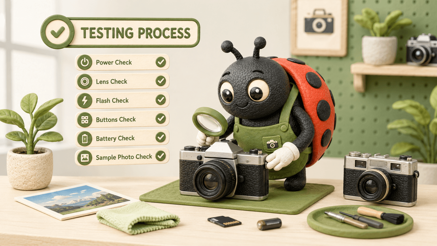 Shutterbug testing process checklist for power, lens, flash, buttons, battery, and sample photos