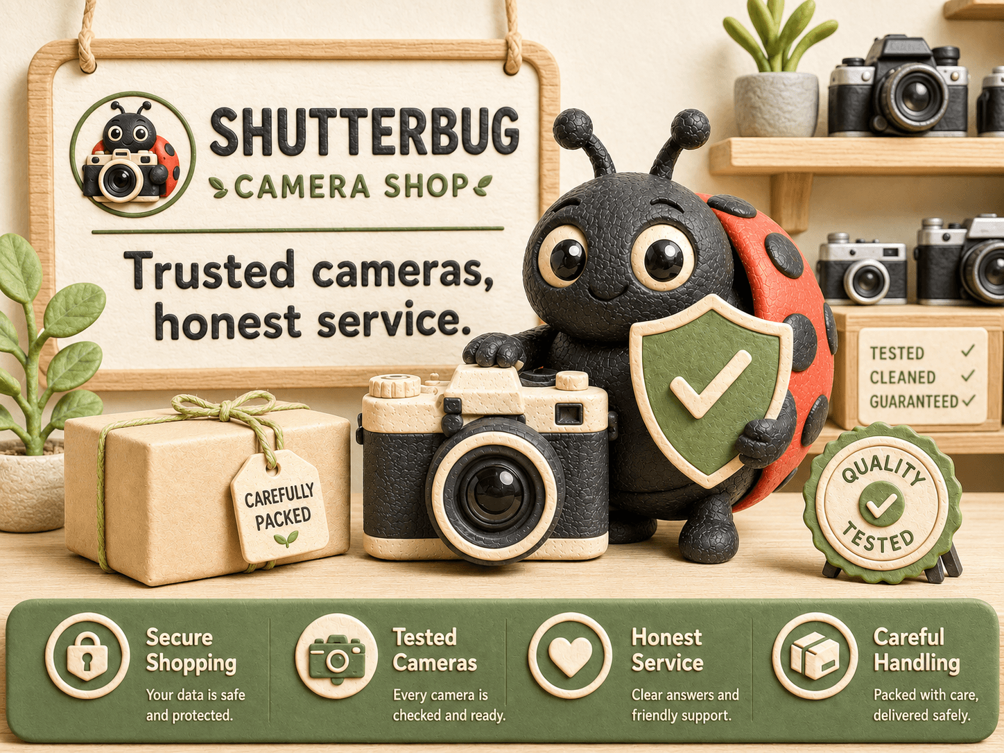 Shutterbug trust promise with secure shopping, tested cameras, honest service, and careful handling